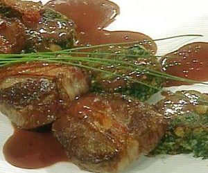 Bacon Wrapped Beef Tenderloin Steaks with Spinach and Cheese Cakes