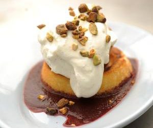 Grilled Angel Food Cake with Grilled Peaches and Cream and Cherry Coulis