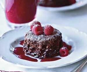 Warm Chocolate Soufflé Cakes with Raspberry Sauce