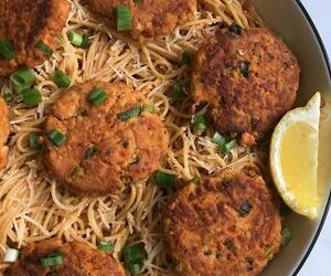 Salmon Cakes over Lemon Harissa Pasta