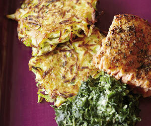 Celery Root-Leek Cakes, Creamy Spinach and Salmon